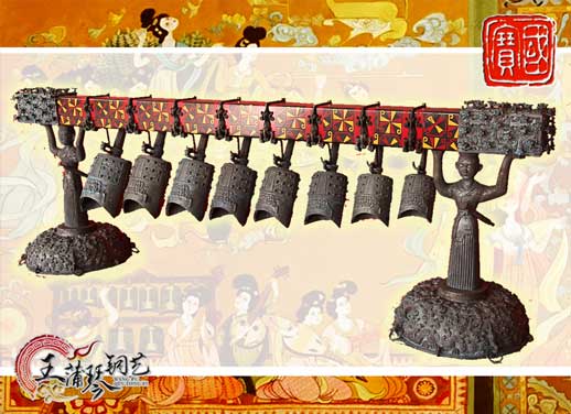 8件古編鐘，銅人銅座裝飾，可發(fā)音